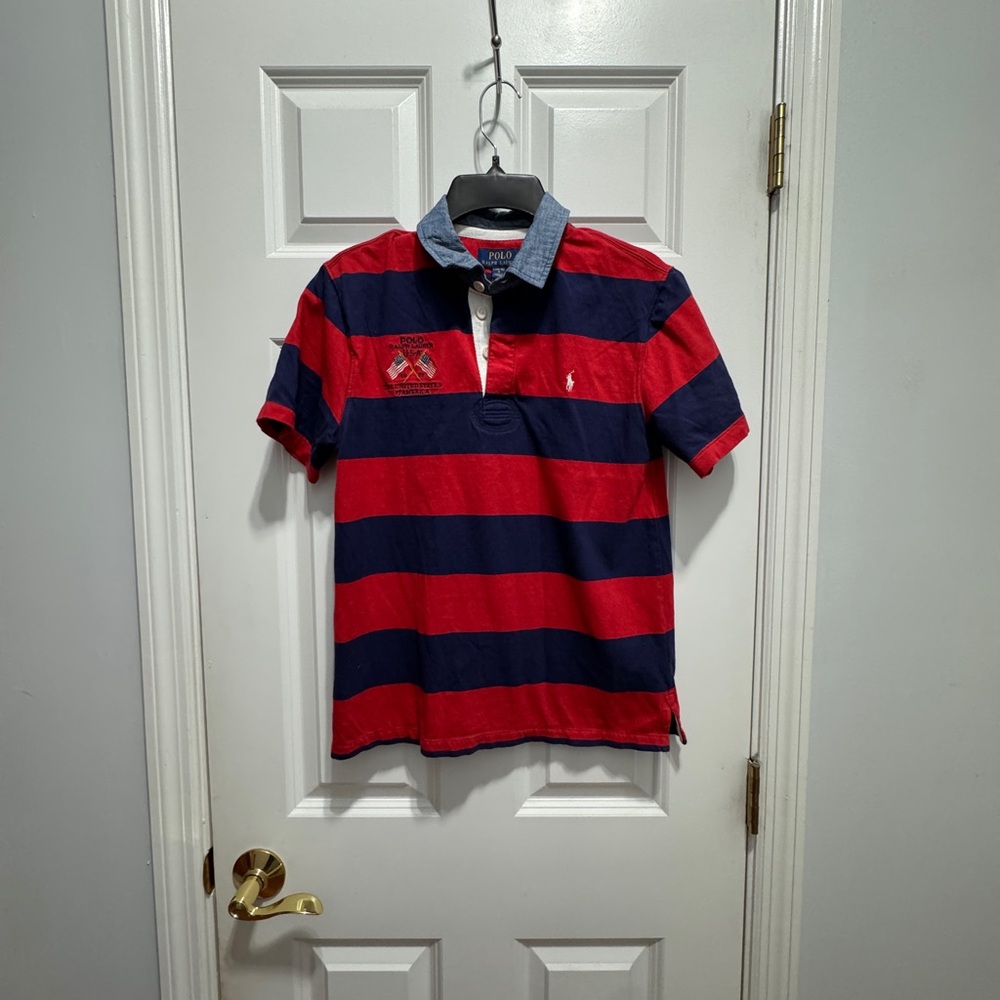 Polo Ralph Lauren size large {14-16} rugby stripe short sleeve shirt
